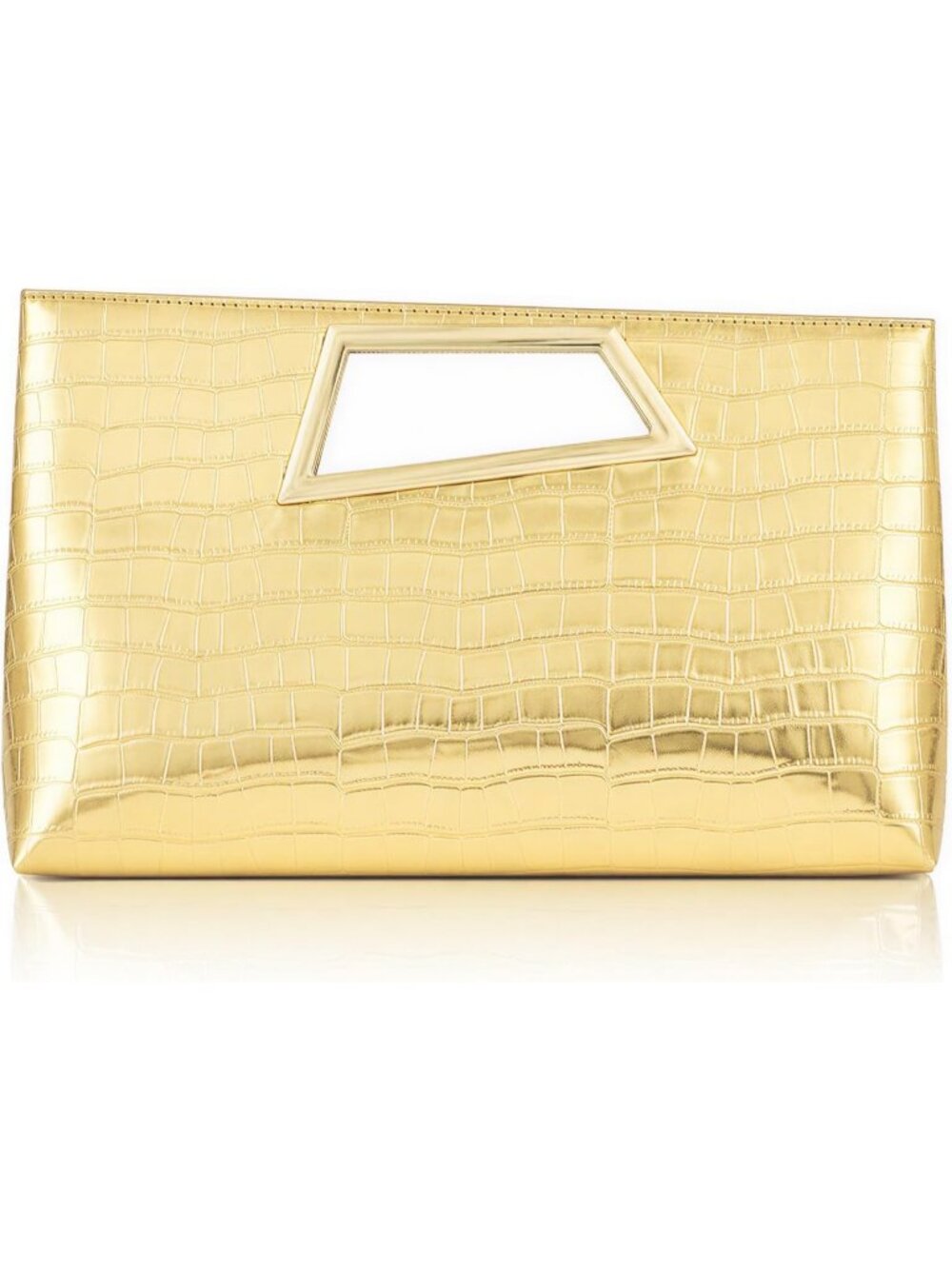 Women's Bright Gold PU Leather Clutch Purse with Metallic Geo Top Handle Bag